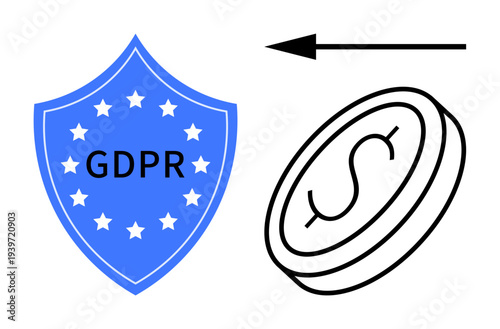 GDPR compliance concept. GDPR shield highlights data protection and privacy regulations. Currency financial implications of GDPR. For legal, business, technology, compliance