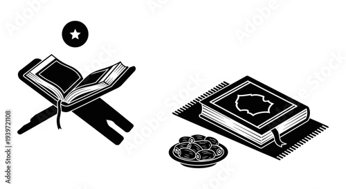Islamic Holy Book and Prayer Mat Vector Illustration Set with Dates for Ramadan and Eid Celebrations, Black and White Design
