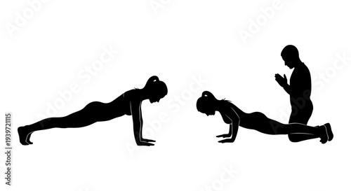 Black Silhouette of Woman Doing Push-ups and Plank Exercise Vector Illustration for Fitness, Workout, and Training Guides