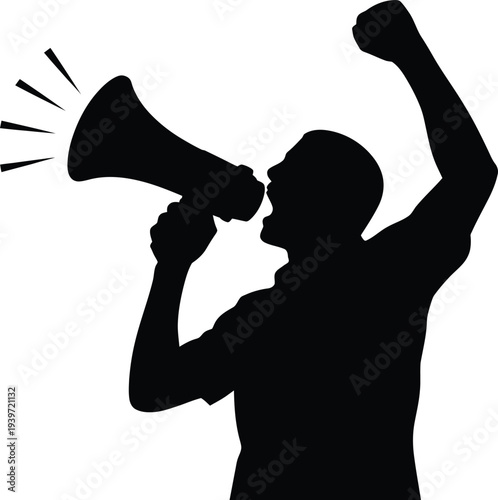 A black silhouette of a person holding a megaphone and raising their fist in protest or announcement