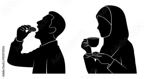 Black silhouette vector illustration of a man eating a cookie and a woman in a hijab drinking from a cup and saucer, depicting daily routines and beverage consumption.