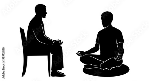 Black Silhouette Vector Illustration of Two Men Meditating: One Seated on a Chair and the Other in Lotus Position on a Cushion, Representing Mindfulness and Relaxation