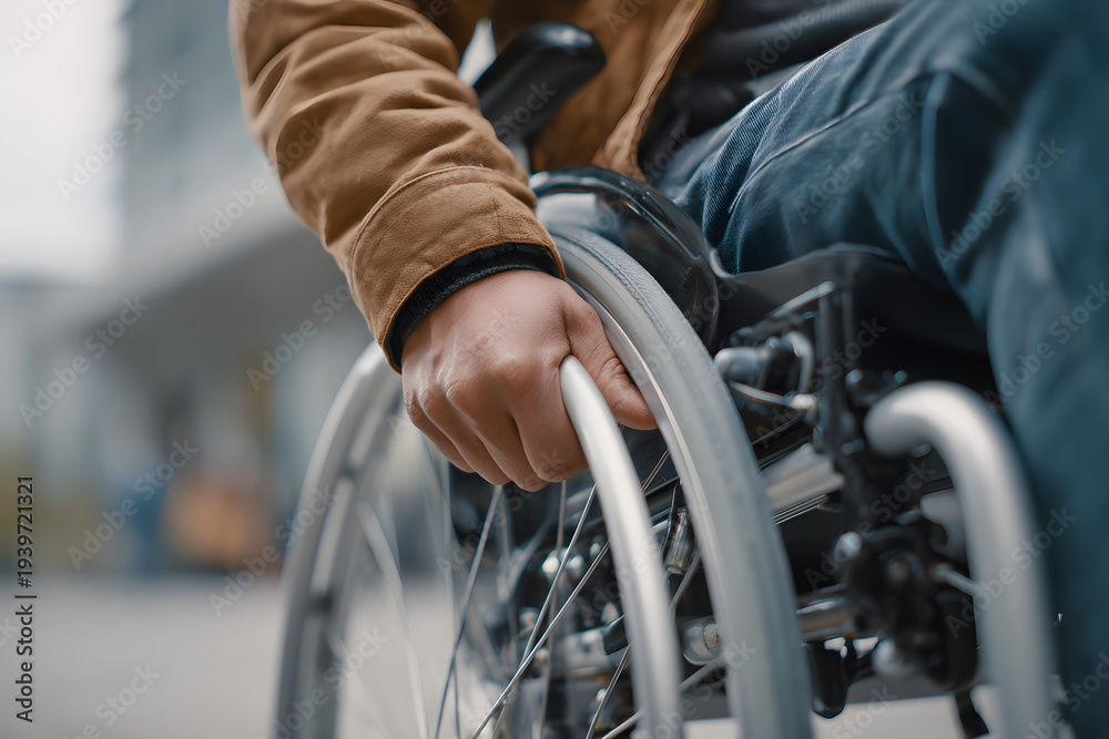 Obraz premium Person using a wheelchair pushes forward on a city street during daytime