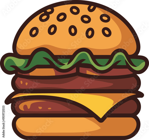 A cartoon illustration of a cheeseburger with lettuce and cheese