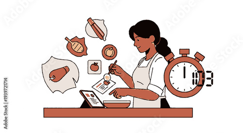 Woman planning meals on tablet with food icons and clock timer nearby
