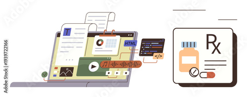 Digital healthtech, medical software, coding solutions, online prescriptions, data integration, pharmacy management. Laptop with coding elements and medical prescription symbol. Digital healthtech