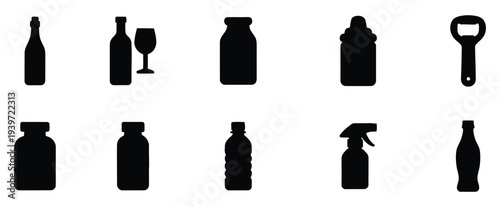 Collection of black bottle and container silhouettes on white background vector