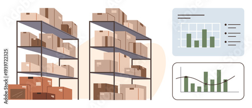Inventory management, logistics, warehouse storage, supply chain, stock analysis, and data trends. Storage shelves filled with boxes and data charts. Inventory management and logistics concept
