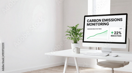Desktop computer on a clean office desk shows a carbon emissions monitoring dashboard with a reduction trend chart and annual emissions decrease statistics.