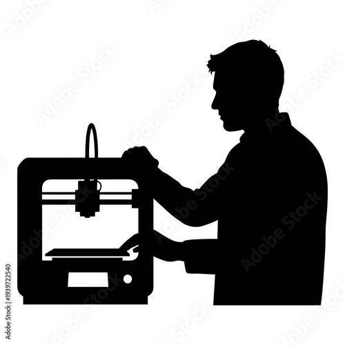 Silhouette illustration of technician operating a modern three dimensional printing machine