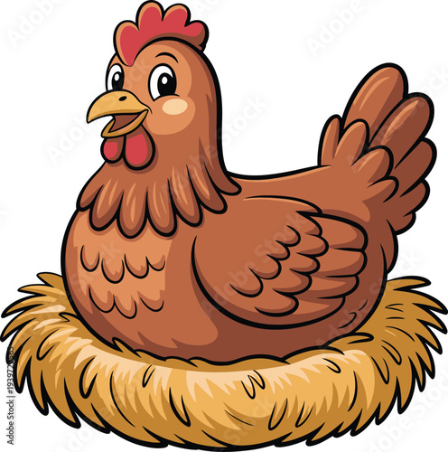 A cartoon brown chicken sitting on a nest