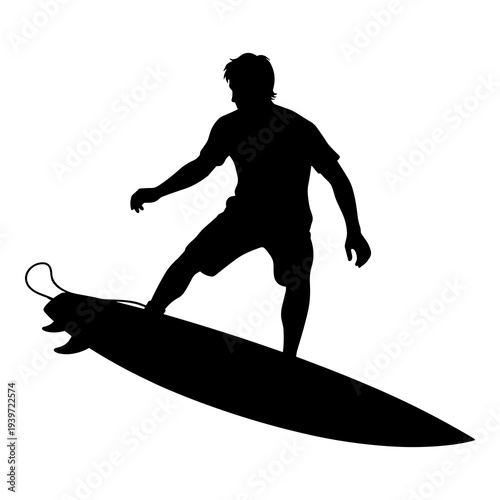 Silhouette illustration of male surfer riding longboard wave vector graphic design