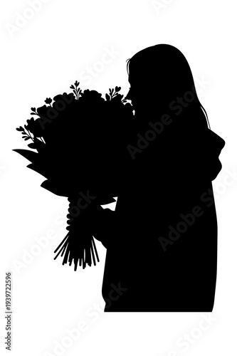 Silhouette illustration of a woman smelling a large beautiful bouquet of flowers