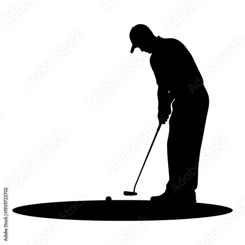 Golfer silhouette focusing intently on sinking a crucial short putt