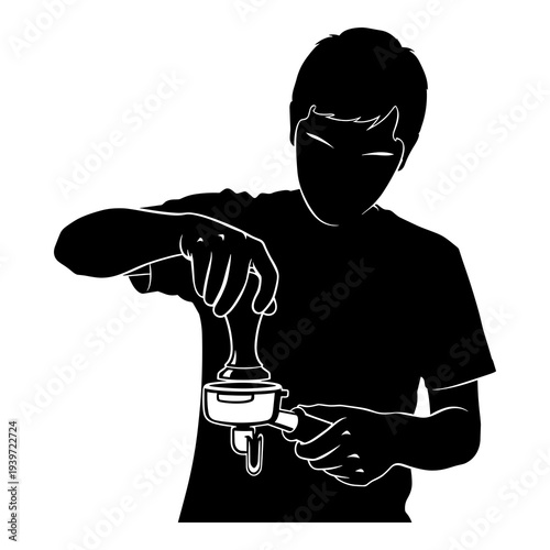 Professional barista preparing espresso coffee with a portafilter vector illustration.