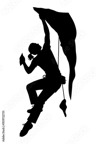 Silhouette vector graphic design of female rock climber ascending steep cliff face