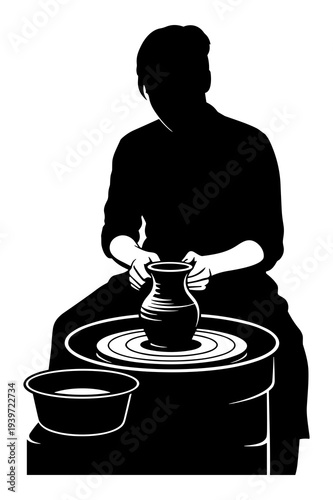 Silhouette vector illustration of a potter shaping clay on a spinning wheel