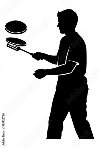 Silhouette vector graphic illustrating a cook flipping pancakes with a spatula