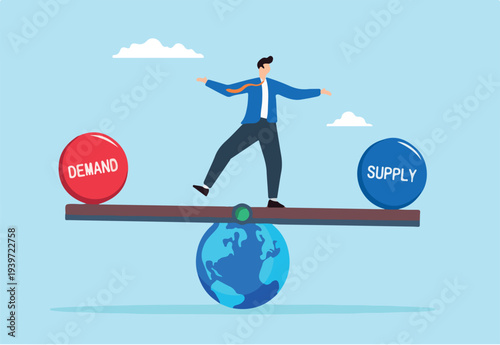 Flat illustration of businessman balancing demand and supply on globe seesaw symbolizing global economic equilibrium