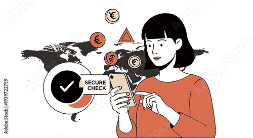 Woman using smartphone with secure online payment and global currency symbols