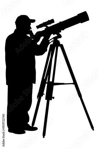 Silhouette graphic of person observing sky through large astronomical telescope
