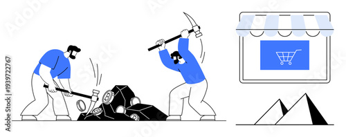 Cryptocurrency, blockchain, online shopping, digital transactions, financial mining, e-commerce. Men mining rocks with pickaxes, online storefront with a shopping cart icon. Cryptocurrency