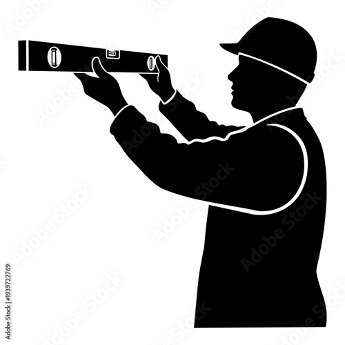 Silhouette of a construction worker using a spirit level illustration