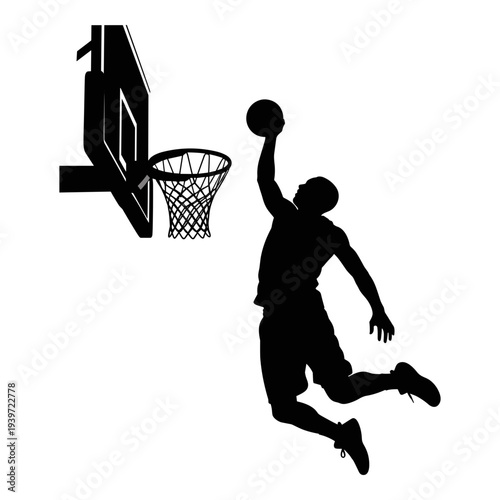 Dynamic vector illustration of a basketball player performing a powerful dunk shot