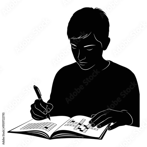Young boy diligently writing in open book with a pen illustration