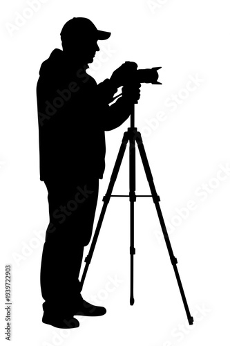 Silhouette vector illustration of a photographer operating a camera mounted on a tripod