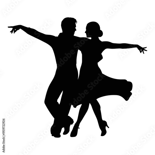 Graceful dancing couple in black silhouette vector graphic illustration.