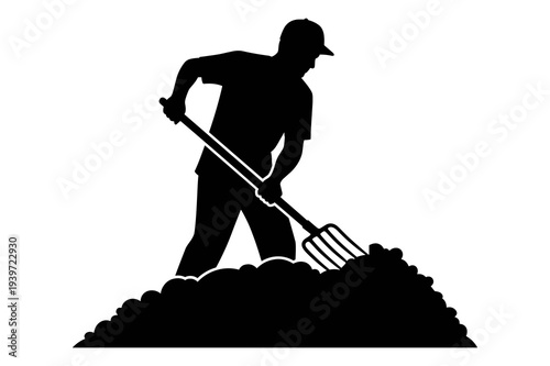 Gardener silhouette vector illustration working hard with a garden pitchfork