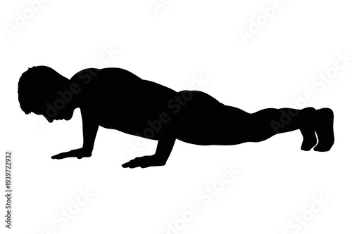 Dynamic workout man silhouette performing a push-up vector illustration.