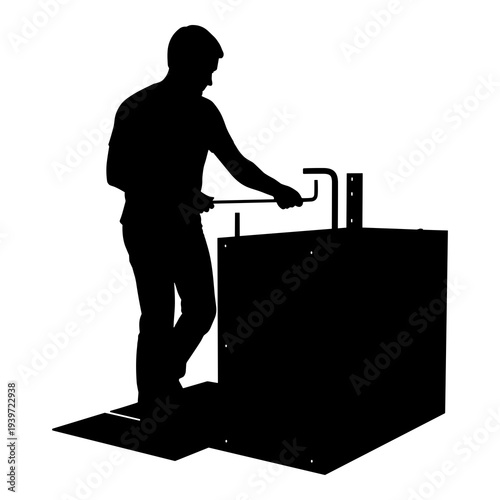 Silhouette vector graphic illustration of craftsman operating machinery in workshop