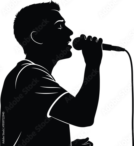 Silhouette of a man singing into a microphone
