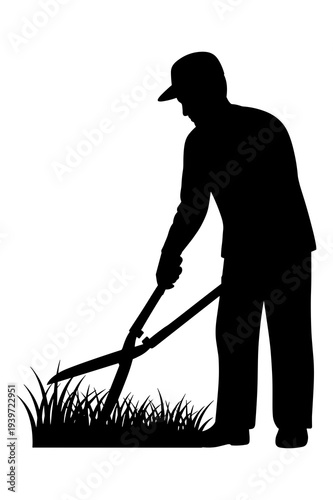 Gardener silhouette trimming grass using long handled hedge shears vector illustration