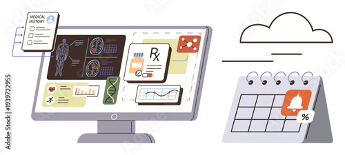 Healthcare management, telemedicine, appointment scheduling, cloud storage, digital health, medical analysis. Computer monitor showing medical records and data. Healthcare management and telemedicine