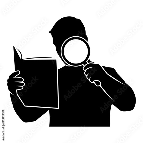 Silhouette graphic illustration of person closely examining document with magnifying glass