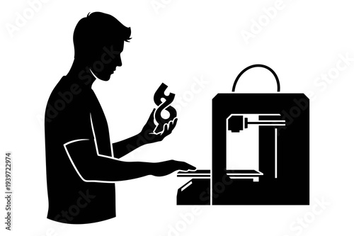 Silhouette illustration of engineer inspecting newly 3d printed prototype object