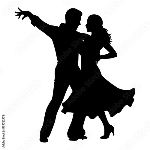 Silhouetted vector graphic illustration of a passionate couple dancing tango or ballroom