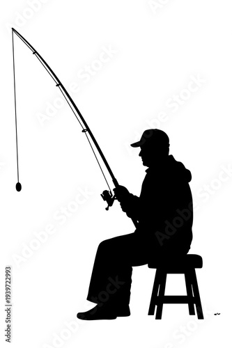 Fisherman silhouette sitting patiently while casting a long fishing rod vector graphic