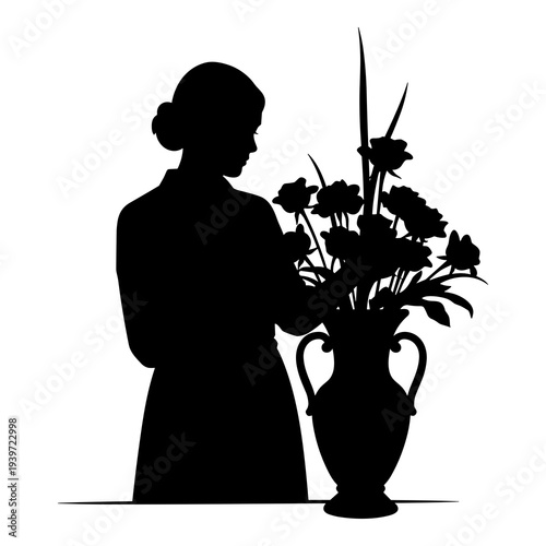 Fotografie Silhouette vector graphic of florist arranging beautiful bouquet inside decorati