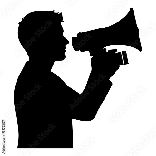 Silhouette vector graphic of a man speaking loudly through a megaphone