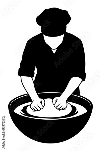 Chef illustration kneading dough in large mixing bowl using hands vector graphic