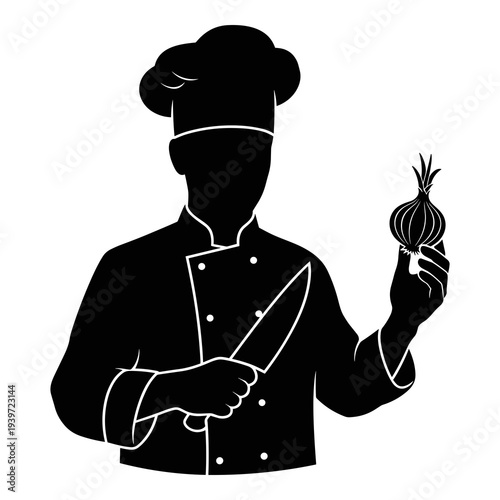 Minimalist chef silhouette holding cooking knife and fresh onion illustration