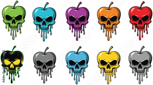 Set of colorful skull apple icons with melting poison drip for Halloween stickers spooky fruit character design horror art and poisonous organic food vector