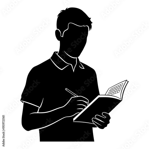 Vector graphic illustration of a man writing diligently in an open notebook.