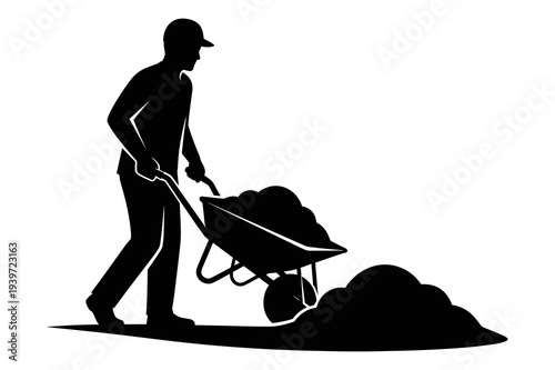 Construction worker silhouette pushing wheelbarrow loaded with dirt material