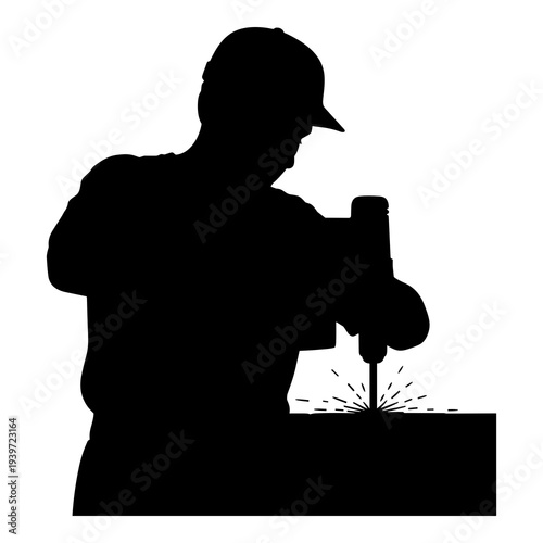 Black silhouette of a worker drilling with an electric power tool illustration
