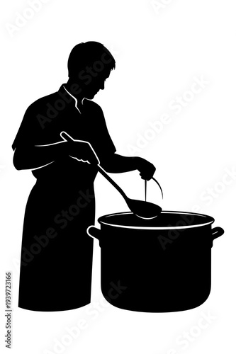 Chef silhouette stirring a large pot of food with a ladle illustration
